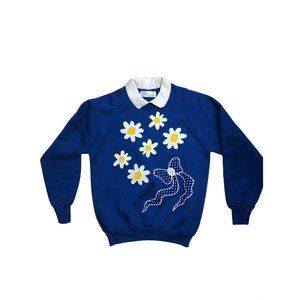 VINTAGE Grannycore Collared Sweatshirt Blue Daisy JJs of Palm Beach